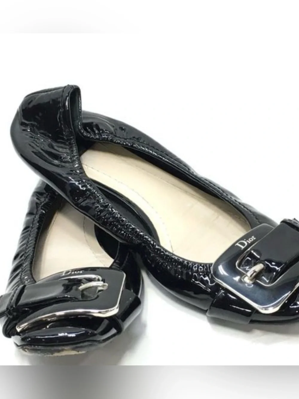 Dior Black Patent Leather Ballet Flats with Silver Buckle Detail